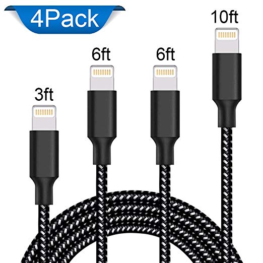 AOFU Charger Cables 4Pack 3FT 6FT 6FT 10FT to USB Syncing and Charging Cable Data Nylon Braided Cord Charger for iPhone 7/7 Plus/6/6 Plus/6s/6s Plus/5/5s and More-Black&White