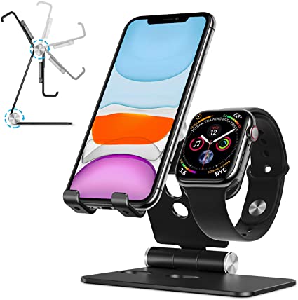 OMOTON Cell Phone Stand for Apple Watch - OMOTON 2 in 1 Aluminum Foldable Charging Dock Stand for Apple Watch 5/4/3/2/1,Black