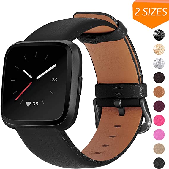 Mosstek for Fitbit Versa 2 Bands, Genuine Leather Band Replacement Strap Compatible with Fitbit Versa 2 & Versa & Versa Lite & Versa SE - Large for Men - Black