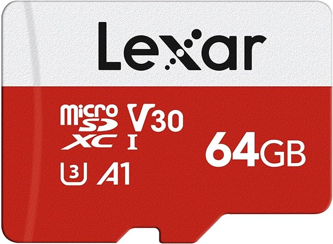 Lexar E-Series 64GB Micro SD Card, microSDXC UHS-I Flash Memory Card with Adapter, 100MB/s, C10, U3, A1, V30, Full HD, 4K UHD, High Speed TF Card