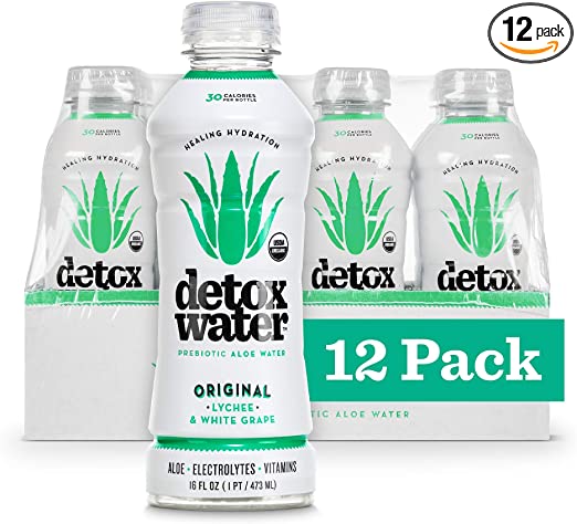 Detoxwater Organic Aloe Vera Prebiotic Water, Highest Quality Aloe with Electrolytes, Vitamins, & Antioxidants to Support Digestive, Immune & Skin Health, 30 Calories (Lychee & White Grape, 12 PK)