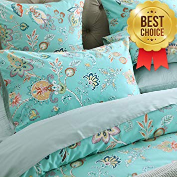 Brandream 3 Piece Teal Duvet Cover Set (1 Duvet Cover   2 Pillow Shams) Cotton Floral Printed Design Bedding King Set Ultra-Soft Breathable Egyptian Cotton