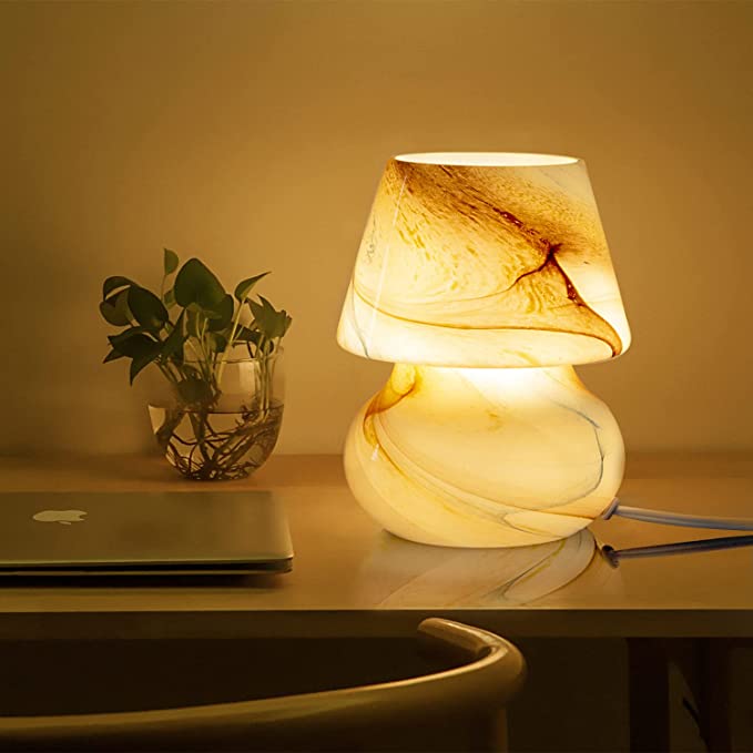 COOSA Mushroom Bedside Table Lamp,Glass LED Bedside Night Lamps, Desert Swirl Veins Small Nightstand Desk lamp for Home Decor, Study, Living, Bedroom, Gift，Warm Light Bulb Included (Color Mixing)