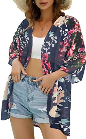 Women's Floral Print Puff Sleeve Kimono Cardigan Loose Cover Up Casual Blouse Tops