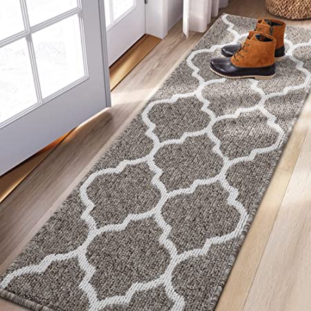 OLANLY Indoor Door Mat, 20x47 Non-Slip Absorbent Resist Dirt Entrance Rug, Machine Washable Low-Profile Inside Floor Mat Door Rugs for Entryway , Khaki Trellis