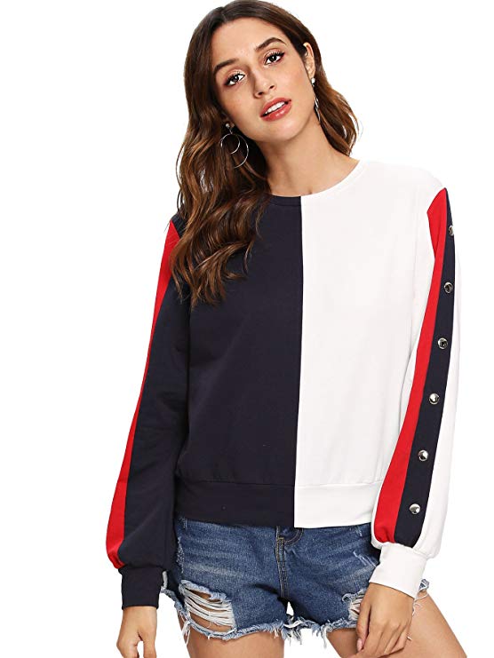 SheIn Women's Casual Long Sleeve Crewneck Sweatshirt Color Block Pullover Top