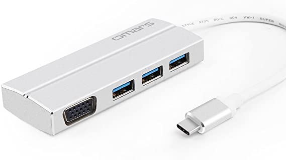 Omars USB C Hub VGA, 4-in-1 Aluminum 1080P VGA Adapter   3 USB 3.0 Ports for New MacBook, MacBook Pro 2019/2018, Google ChromeBook Pixel, Huawei Matebook and Other Type C Devices