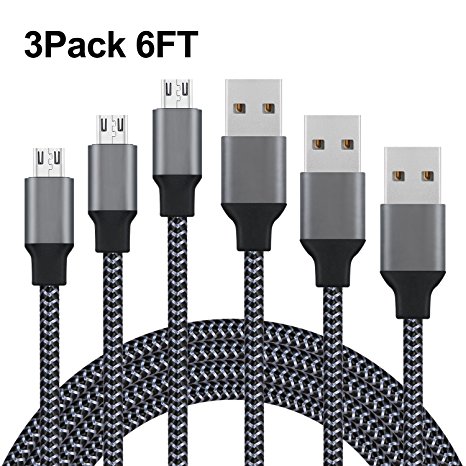 Micro USB Cable, Xcords 3Pack 6FT Premium Nylon Braided Fast Charging Cable for Samsung,HTC, LG, Sony, other Android Smartphones, Tablets, Kindle,MP3 and More (Carbon Black)