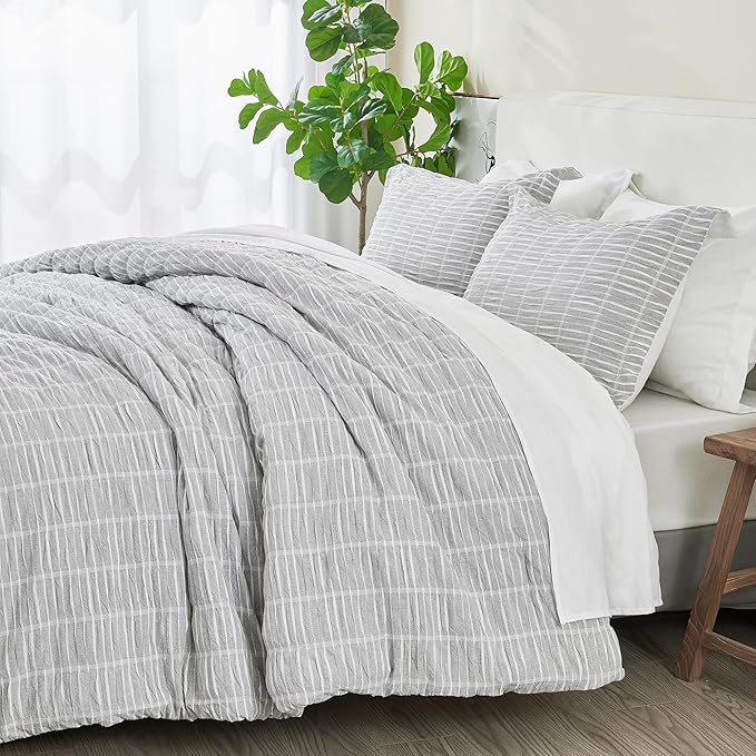 Full/Queen 100% Cotton Comforter Set | Grey Puckered Striped Down Alternative Comforter | All Season, Linen-Like, Textured 3 Piece Bedding Comforter Set (Full/Queen, Grey)