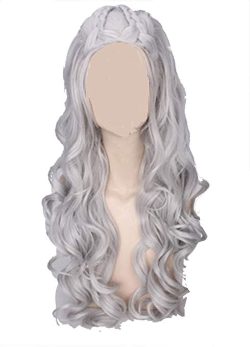 OYSRONG 31.5'' Women Long Curly Anime Daenerys Targaryen Costume Cosplay Lace Cap Wig (gray)