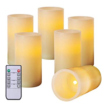 AMAGIC 6" Flameless Wax Pillar Candles - Battery Operated LED Flickering Candles with Remote and Timer (Ivory, Pack of 6)