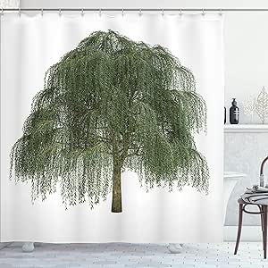 Ambesonne Willow Tree Shower Curtain, Weeping Branches with Joyous Leaves Botanical Theme, Cloth Fabric Bathroom Decor Set with Hooks, 69" W x 70" L, Green Olive Green