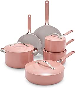 GreenLife Dream 10 Piece Healthy Ceramic Nonstick Cookware Set, Pots and Frying Sauce Saute Pans Set, PFAS-Free, PFOA-Free, Dishwasher Safe, Oven Safe, Stay-Cool Handle, Dusty Rose