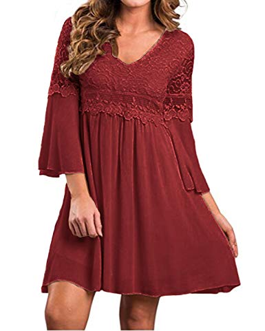 ZANZEA Women's Vintage Floral Lace V Neck 3/4 Bell Sleeve Cocktail A-line Swing Party Casual Mini Dress