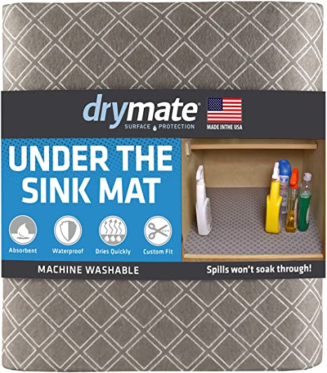 Drymate Premium Under The Sink Mat (24” x 29”), Cabinet Protection Mat, Shelf Liner - Absorbent/Waterproof/Slip-Resistant - Machine Washable, Durable (Made in The USA) (Taupe Diamond Squares)