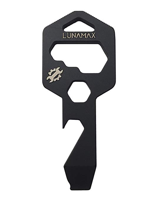 Lunamax Mighty Key-TITANIUM 8 in 1 Multi-Tool for Keychain- Strong, Lightweight, All- in-One Bottle Opener, Flathead Screwdriver, Wrench, Box Cutter, and Hex Driver (Black)