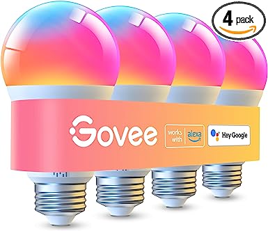 Govee Smart A19 LED Light Bulbs, 1000LM RGBWW Dimmable, Wi-Fi & Bluetooth Color Changing Light Bulbs, Works with Alexa & Google Assistant No Hub Required, 75W Equivalent Smart Bulbs, 4 Pack