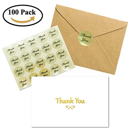 100 Elegant Thank You Cards with Gold Foil Embossed Designs | 4 x 6 inches, Bulk Note Cards with Envelopes and Gold Stickers | Perfect for Wedding, Bridal Shower, Baby Shower, and Business (White)