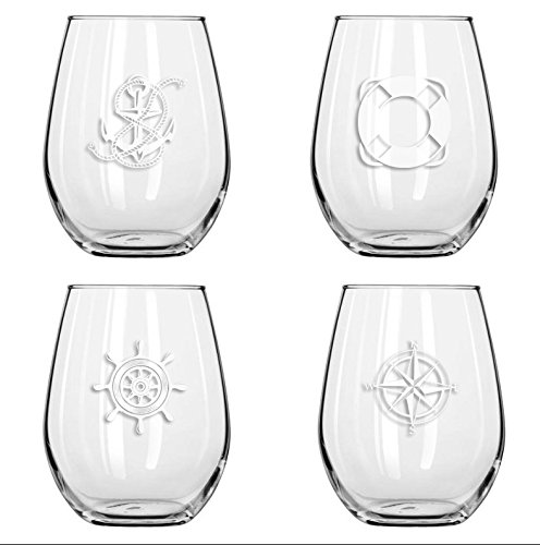SET OF 4 -Stemless Boat Wine Glasses-Nautical Themed, Tritan, 16oz, Shatter Proof Drinking Glasses for Wine or Cocktails (Variation 1)