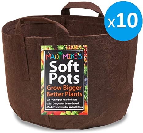 Soft POTS (5 Gallon) (10 Pack) Best Aeration POTS and Grow Bags from Maui Mike's. Made from Recycled Water Bottles and Hemp. Grow Healthier Tomatoes,Herbs and Veggies. ECO Friendly.
