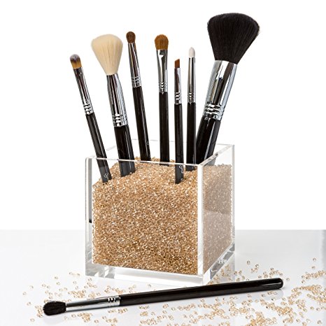Acrylic Makeup Organizer & Counter Top Makeup Brush Cup Holder with GOLD Diamond Beads. #1 for Mac, Real Techniques, Naked Sigma, Kardashian Makeup Brushes and more...