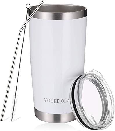 Stainless Steel Tumbler 20oz - Vacuum Insulated Tumbler Coffee Cup Double Wall Large Travel Mug with Lid, Straw, Brush, Gift Box Set (White, 20oz-1 Pack)