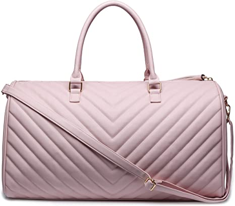 Women's Chevron Pattern Large Leather Weekender Duffel Bag with Gold Hardware and Satin Interior - Big 22" Size - Pink