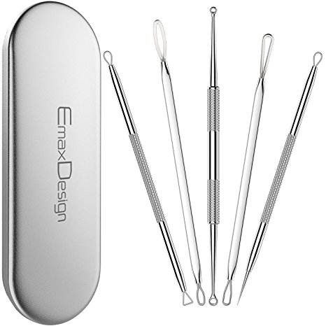 EmaxDesign Blackhead Remover Pimple Comedone Extractor Tool Best Acne Removal Kit - Treatment for Blemish, Whitehead Popping, Zit Removing for Risk Free Nose Face Skin with Metal Case