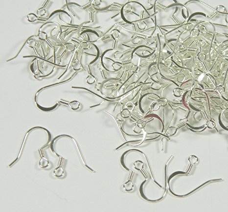 200 Surgical Steel Earring Earwires 16mm Hypoallergenic Shiny Silver Plated Fishhook with Flat Side and Coil 100 Pairs. (200)