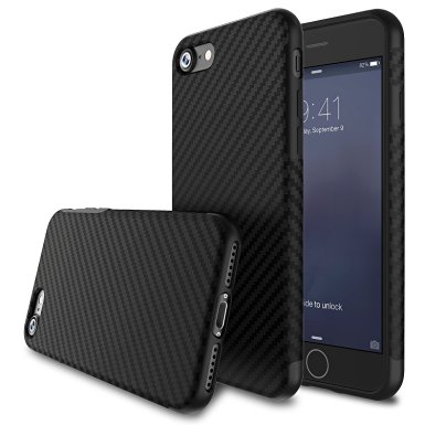 iPhone 7 Case, BASSTOP Carbon Fiber Hybrid Rubberized Super-Slim Anti-Slip Grip Full Body Protector Cover Premium Flexible Soft TPU Case or Apple iPhone 7 / 7 Plus (Black 4.7")