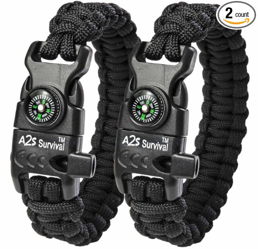 A2S Paracord Bracelet K2-Peak Series – Survival Gear Kit with Embedded Compass, Fire Starter, Emergency Knife & Whistle – Pack of 2 - Quick Release Slim Buckle Design Hiking Gear