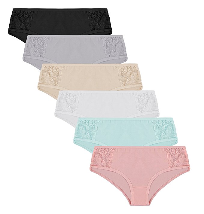 6 Pack: Free to Live Women's Side Lace Detail Cotton Hipster Panties
