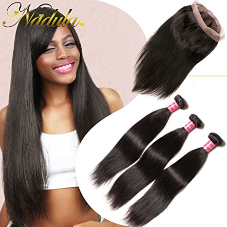 Nadula Brazilian Straight Hair With 360 Frontal Virgin Straight Human Hair 3 Bundles With 360 Lace Frontal Closure (10 12 14 10 Inch 360 Frontal)