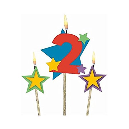 Party Time Stars and Number 2 Celebration Candle on a Stick, Pack of 3, Multi , 7" Wax