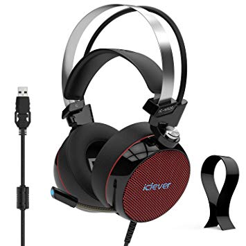 iClever Gaming Headset Noise Reduction - PC Gaming Headset 7.1 Surround Sound Deep Bass, LED Light, USB Gamer Headphones with Mic, Soft Earmuffs, Adjustable Headband