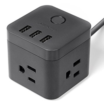 JSVER Compact Cubic Smart Charging Power Strip with 3 Outlets, 3 USB Ports and a 4.92Ft Cable, Black