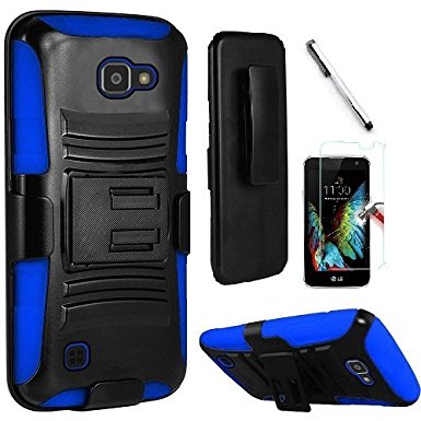 TracFone LG Rebel 4G LTE / LG K4 VS425 case, Luckiefind Dual Layer Hybrid Side Kickstand Cover Case With Holster Clip, Stylus Pen, Tempered Glass Screen Protector Accessory (Holster Blue)
