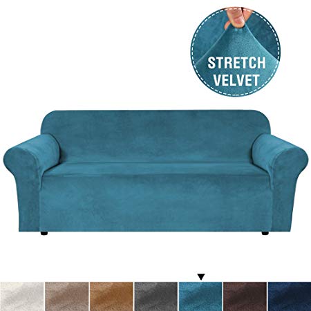 Velvet Plush Stretch Sofa Slipcover Sofa Cover Furniture Protector Couch Soft with Elastic Straps for Anti-Slip, Form Fitted High Stretch Velvet Plush Sofa Slipcovers (Sofa, Peacock Blue)