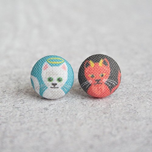 Good and Evil Kittens Fabric Button Earrings