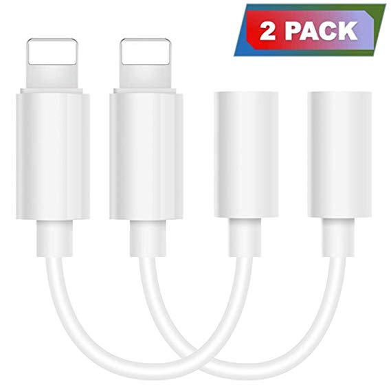 Lighting to 3.5mm Headphone Adapter Earbuds Earphones Adapter 2Pack, Compatible with iPhone X/XS/Max/XR 7/8/8Plus iOS 10/11/12 Plug and Play (White)