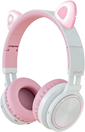 Picun Cat Ear Bluetooth Headphones Wireless Over Ear Foldable Headsets with Microphone LED Light for Girls Boys (Pink White)