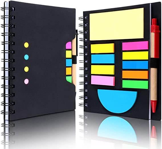 2 Pieces Spiral Notebook Steno Business Notepad Wide Ruled Notebooks with Pen Holder and Sticky Notes Index Tabs Page Markers for School Office Business Travel, 290 Sheets Totally (Black)