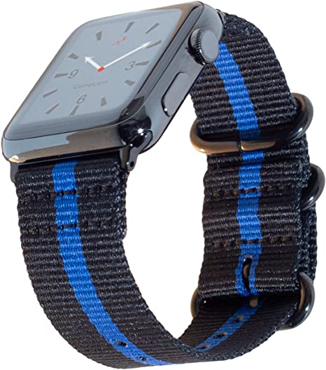 Carterjett Thin Blue Line Nylon Military Style Compatible Apple Watch Band 38mm 40mm Series 5, 4, 3, 2, 1 Outdoors Woven Canvas iWatch Band Replacement Sport Wrist Strap (38 40 S/M/L Thin Blue Line)