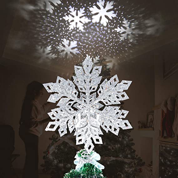 IIDEE Christmas Tree Topper, Metal Glittery Silver Snow Tree Topper with 3D Rotating Snowflake LED Projector for Xmas Holiday Party Gift Décor