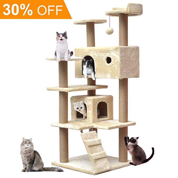 Arteesol Cat Tree with Sisal-Covered Scratching Posts, Two Fluffy Condos, Assiatant Stairs and Dangling Ball, Kitty Furniture House Activity (Beige)