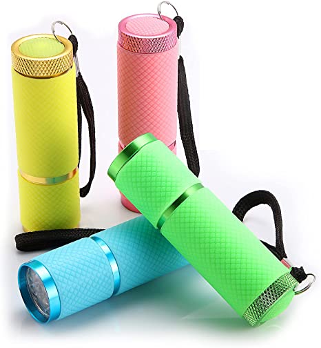 Glow in Dark Flashlights 9 LED Rubber Coated Flashlights with Handle Mini Torch LED Fluorescent Flashlight Aluminum Portable Handy Flashlight for Party Hiking Camping in 4 Colors (4 Pieces)