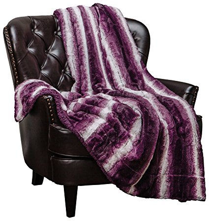 Chanasya Super Soft Fuzzy Fur Elegant Faux Fur Falling Leaf Pattern With Fluffy Plush Sherpa Cozy Warm Purple Bed Blanket - Aubergine and White Queen / Full