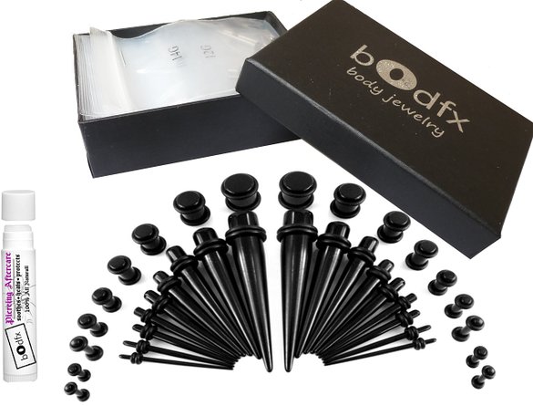 Bodfx 36 Piece Black UV Acrylic Ear Stretching Kit   Piercing Balm. Tapers & Plugs. 14g-00g