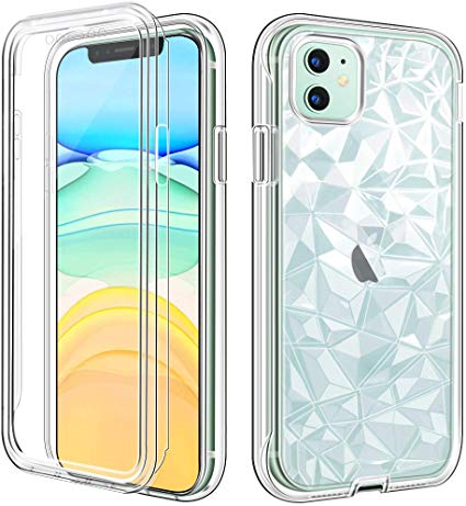 iPhone 11 Case, Hython Protective Case with Built-in Screen Protector, Full Body Shockproof Hybrid Case for Women and Girls with Clear TPU 3D Diamond Pattern Back Cover for iPhone 11 6.1-Inch, Clear