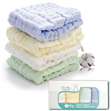 Baby Towel 100 Natural Muslin Cotton Baby Bath Washcloths and Towels super soft face towels perfect for baby sensitive skin set of 4, 12 x 12 inches by UMIIN